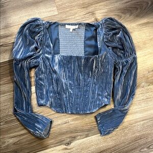 Wayf Blue Gray Puff Sleeve Ruched Blouse